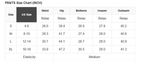 PANTS Size Chart (INCH) for Mineral Wash Reverse Seam Drawstring Elastic Waist cargo pants.
