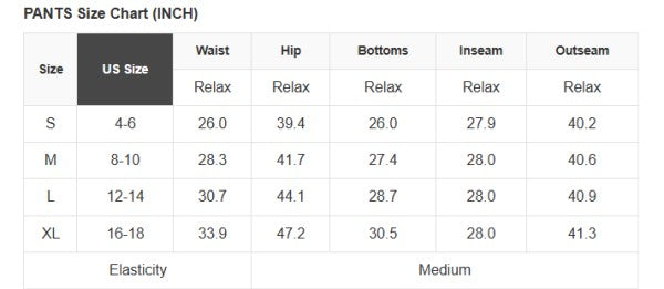 PANTS Size Chart (INCH) for Mineral Wash Reverse Seam Drawstring Elastic Waist cargo pants.