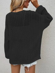 Openwork Button Front Cardigan featuring a stylish openwork design in black, perfect for layering.