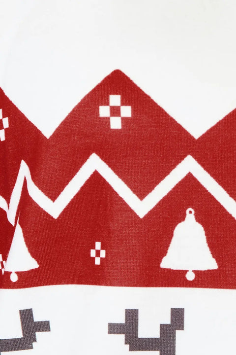 Close-up of the festive pattern on the Double Take Christmas Hoodie featuring Christmas trees and bells.