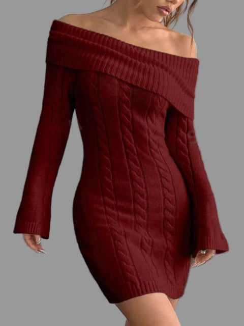 off-shoulder cable knit sweater dress in burgundy with ribbed neckline and long sleeves.