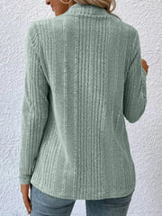 Back view of Open Front Long Sleeve Cardigan in a soft green color, showcasing the ribbed texture.