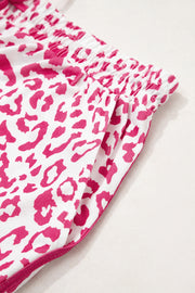 Pink Leopard Elastic Waistband Lace up Contrast Trim Casual Shorts