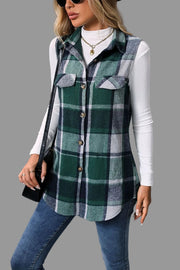 Plaid Button-Up Vest Coat worn by a woman, featuring a green plaid pattern with button-front and pockets.