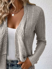 Open Front Long Sleeve Cardigan in a stylish gray ribbed design, perfect for layering and casual looks.