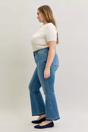 Judy Blue High-Waist Straight Leg Jeans worn by a model, showcasing tummy control and flattering silhouette.