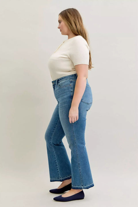 Judy Blue High-Waist Straight Leg Jeans worn by a model, showcasing tummy control and flattering silhouette.