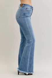 Judy Blue High Waist Flare Fray Hem Jeans with Pintuck Detail side view showcasing flattering high waist and retro flare.