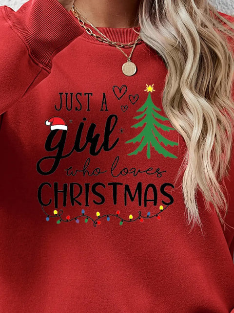 Letter Graphic Round Neck Sweatshirt featuring festive Christmas design with text and graphics on a red background.