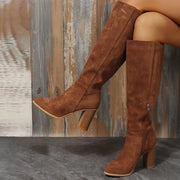 Stylish Point Toe Block Heels Boots in brown suede with high heels, perfect for any occasion.