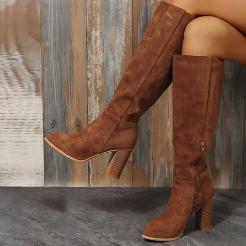 Stylish Point Toe Block Heels Boots in brown suede with high heels, perfect for any occasion.