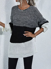 Color Block Round Neck Oversized Sweater in black and white with a relaxed fit and round neckline.