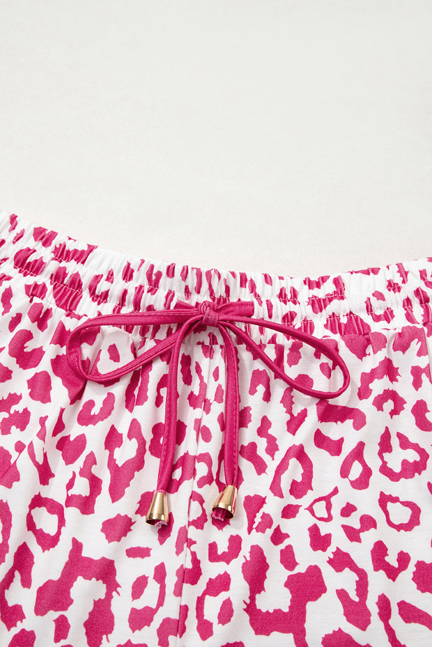 Pink Leopard Elastic Waistband Lace up Contrast Trim Casual Shorts