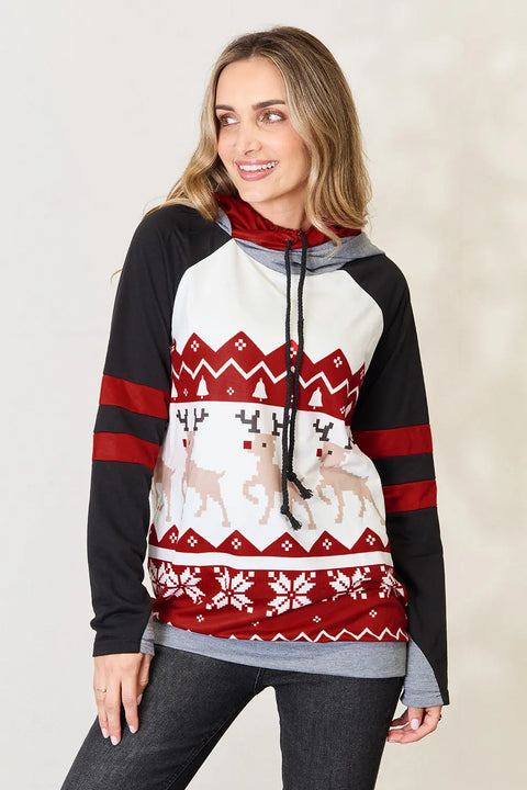 Model wearing Double Take Christmas Hoodie with festive reindeer design and cozy fabric for the holiday season.