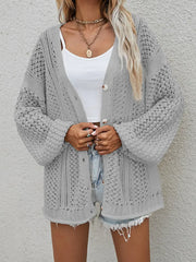 Openwork Button Front Cardigan in grey, featuring openwork knit design and cozy fit, perfect for layering.