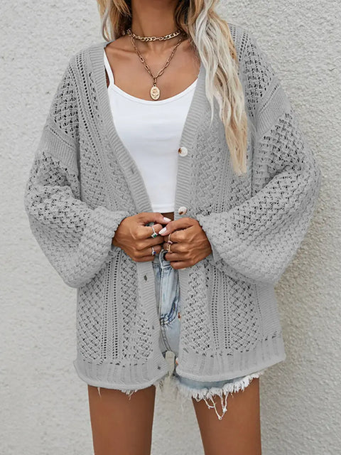 Openwork Button Front Cardigan in grey, featuring openwork knit design and cozy fit, perfect for layering.