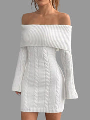 off-shoulder cable knit sweater dress in white with ribbed fold-over neckline and cozy fit.