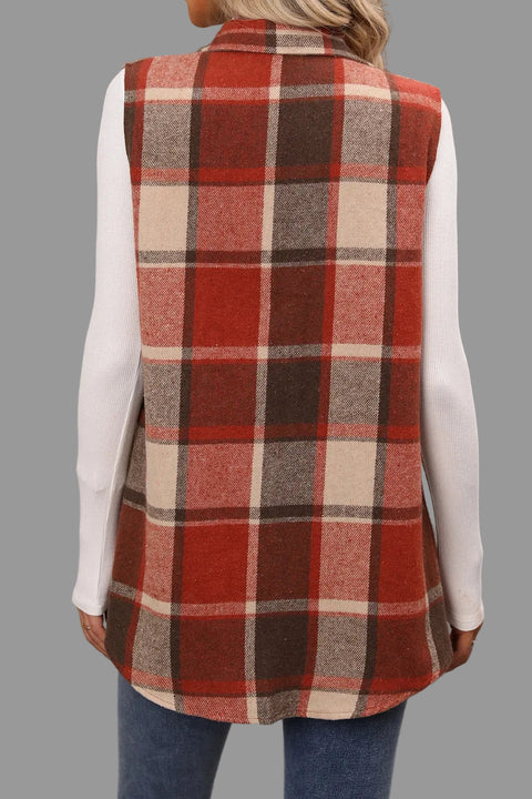 Back view of a chic Plaid Button-Up Vest Coat in red and cream color palette, perfect for stylish layering.