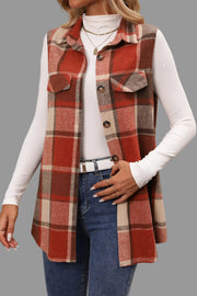 Plaid Button-Up Vest Coat displayed on a model, showcasing its stylish plaid pattern and button-front design.