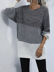 Color Block Round Neck Oversized Sweater featuring a relaxed fit and trendy color block design in gray and white.