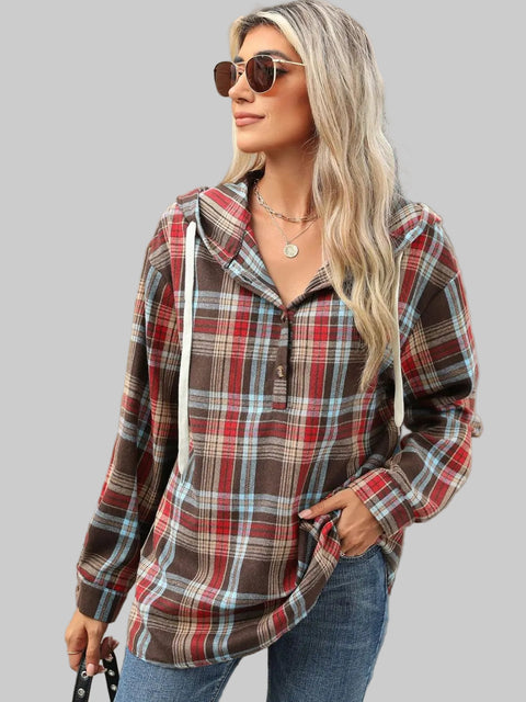 Woman wearing Plaid Hooded Drawstring Top with sunglasses, showcasing cozy style and relaxed fit.