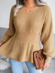 V-Neck Dropped Shoulder Sweater featuring ribbed peplum design in a relaxed fit and soft knit material.