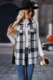 Plaid Button-Up Vest Coat worn by a woman with sunglasses and a hat, styled with jeans and holding a coffee.