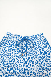Blue Leopard Elastic Waistband Lace up Contrast Trim Casual Shorts