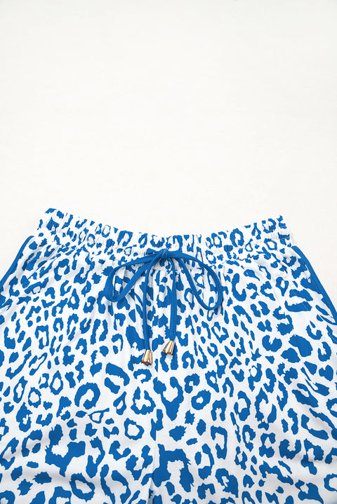 Blue Leopard Elastic Waistband Lace up Contrast Trim Casual Shorts