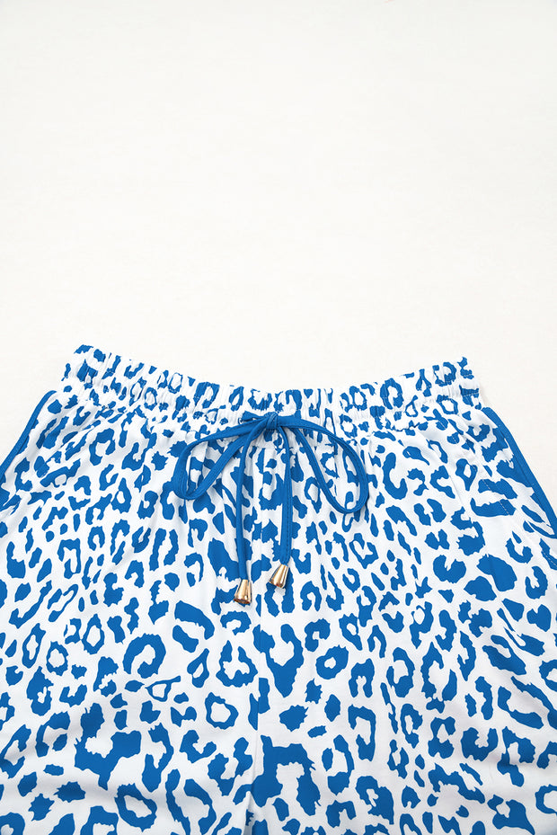 Blue Leopard Elastic Waistband Lace up Contrast Trim Casual Shorts