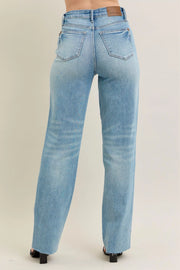 Judy Blue Plus Size High Waist Magic Star Destroy 90’s Straight Jeans back view showcasing high-rise fit and straight-leg silhouette.