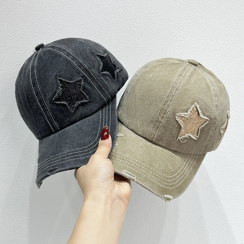 Star Embroidered Baseball Cap – Adjustable and trendy, featuring distressed star stitching in black and beige.
