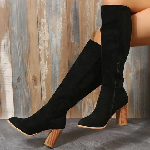 Point Toe Block Heels Boots in black suede with high block heels, perfect for stylish outfits.