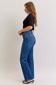 Woman side view wearing Judy Blue High-Waist Straight Leg Jeans – Tummy Control, showcasing smooth fit and classic style.