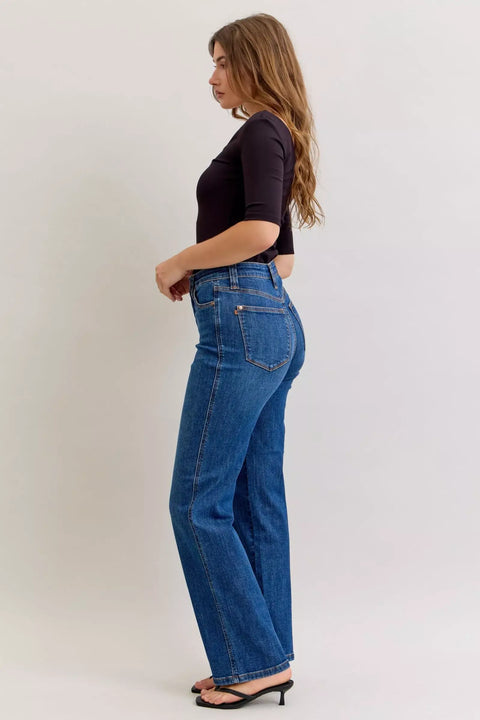 Woman side view wearing Judy Blue High-Waist Straight Leg Jeans – Tummy Control, showcasing smooth fit and classic style.