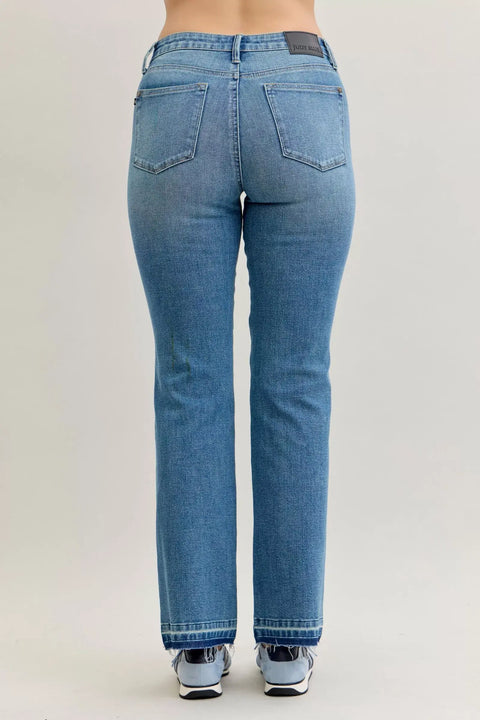 Back view of Judy Blue High-Waist Straight Leg Jeans showcasing the fit and design with built-in tummy control.