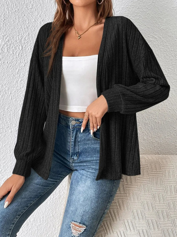 Cozy Open-Front Long Sleeve Cardigan styled with a white top and jeans, perfect for layering and casual wear.