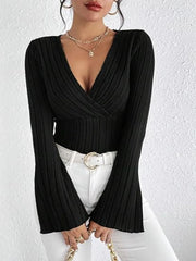 Ribbed Flare Sleeve Top in black featuring a deep V-neck, ribbed design, and flared sleeves for a fashionable look.