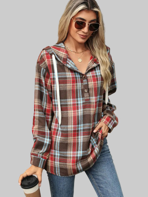 Woman wearing a Plaid Hooded Drawstring Top with sunglasses, smiling, and holding a coffee cup.