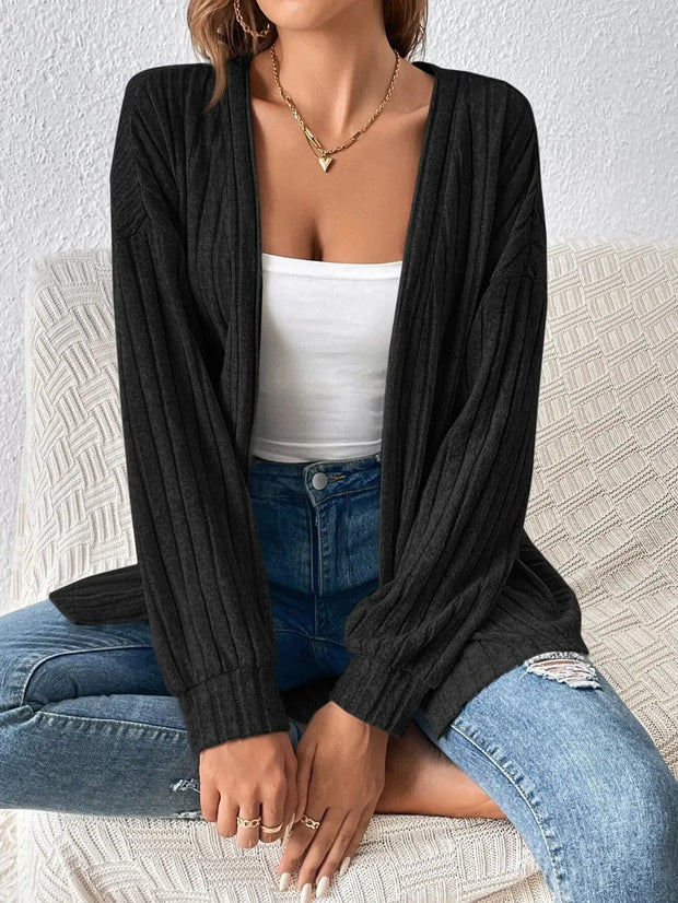 Cozy Open-Front Long Sleeve Cardigan model wearing a relaxed fit cardigan over casual outfit.