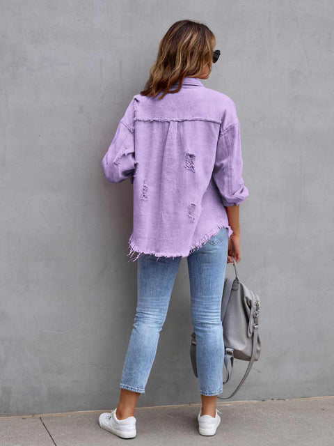 Distressed Fringe Denim Jacket-lavender-back-view.jpg
