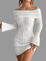 off-shoulder cable knit sweater dress in white with ribbed fold-over neckline and cozy fit.