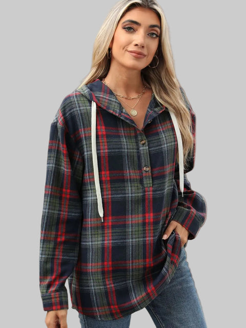 Plaid Hooded Drawstring Top featuring a stylish plaid pattern, button-up front, and cozy drawstring hood.