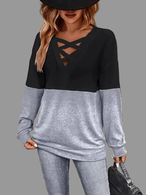 Crisscross V-Neck Color Block Top in black and gray, featuring a trendy neckline and casual style for everyday wear.