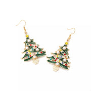 18K Gold Christmas Tree Earrings featuring colorful rhinestones and pearls in a festive design.