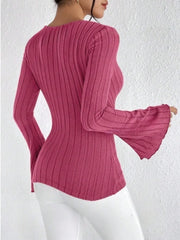 Ribbed Flare Sleeve Top in pink with ribbed design and flared sleeves, perfect for trendy outfits.