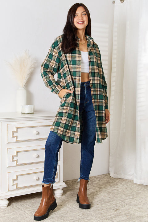 Mandy Plaid Collared Shirt styled with jeans and ankle boots, showcasing its timeless and chic versatility.