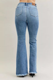 Judy Blue High Waist Flare Fray Hem Jeans with Pintuck Detail back view showing flare leg and fray hem.