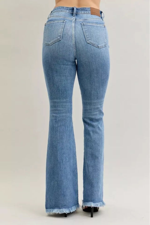 Judy Blue High Waist Flare Fray Hem Jeans with Pintuck Detail back view showing flare leg and fray hem.