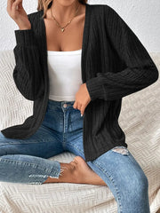 Cozy Open-Front Long Sleeve Cardigan worn by a woman with a relaxed fit, styled for casual comfort.